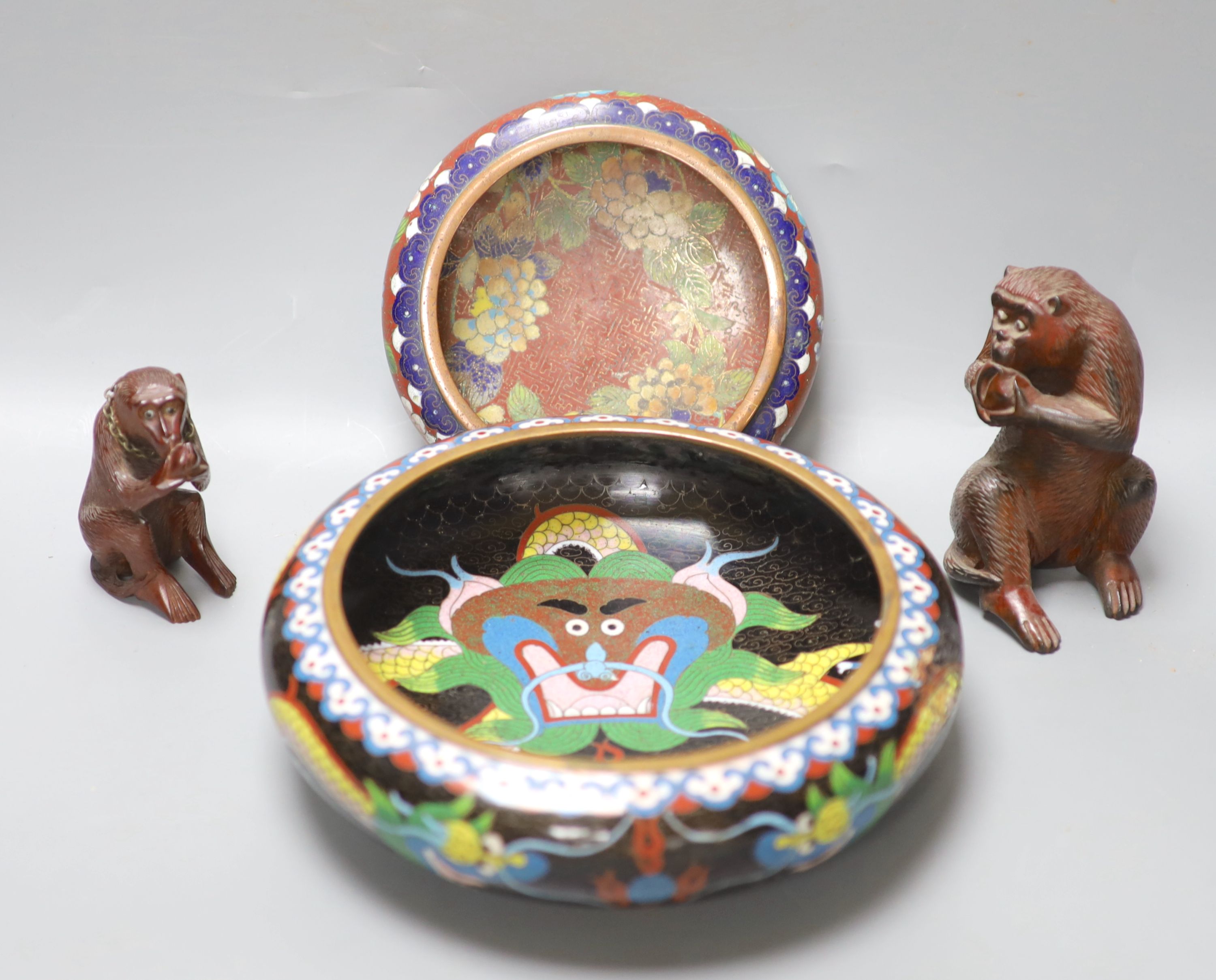 Two Chinese cloisonne enamel censers and two carved wood monkeys, largest diameter 20cm